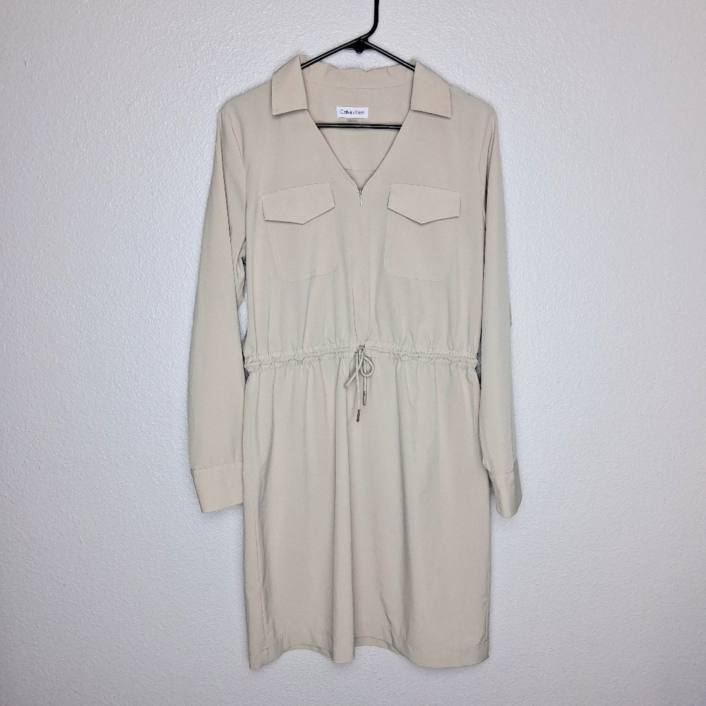 Calvin Klein Womens Midi Khaki Colored Long Sleeve Dress Size 10 Front Sinch Tie